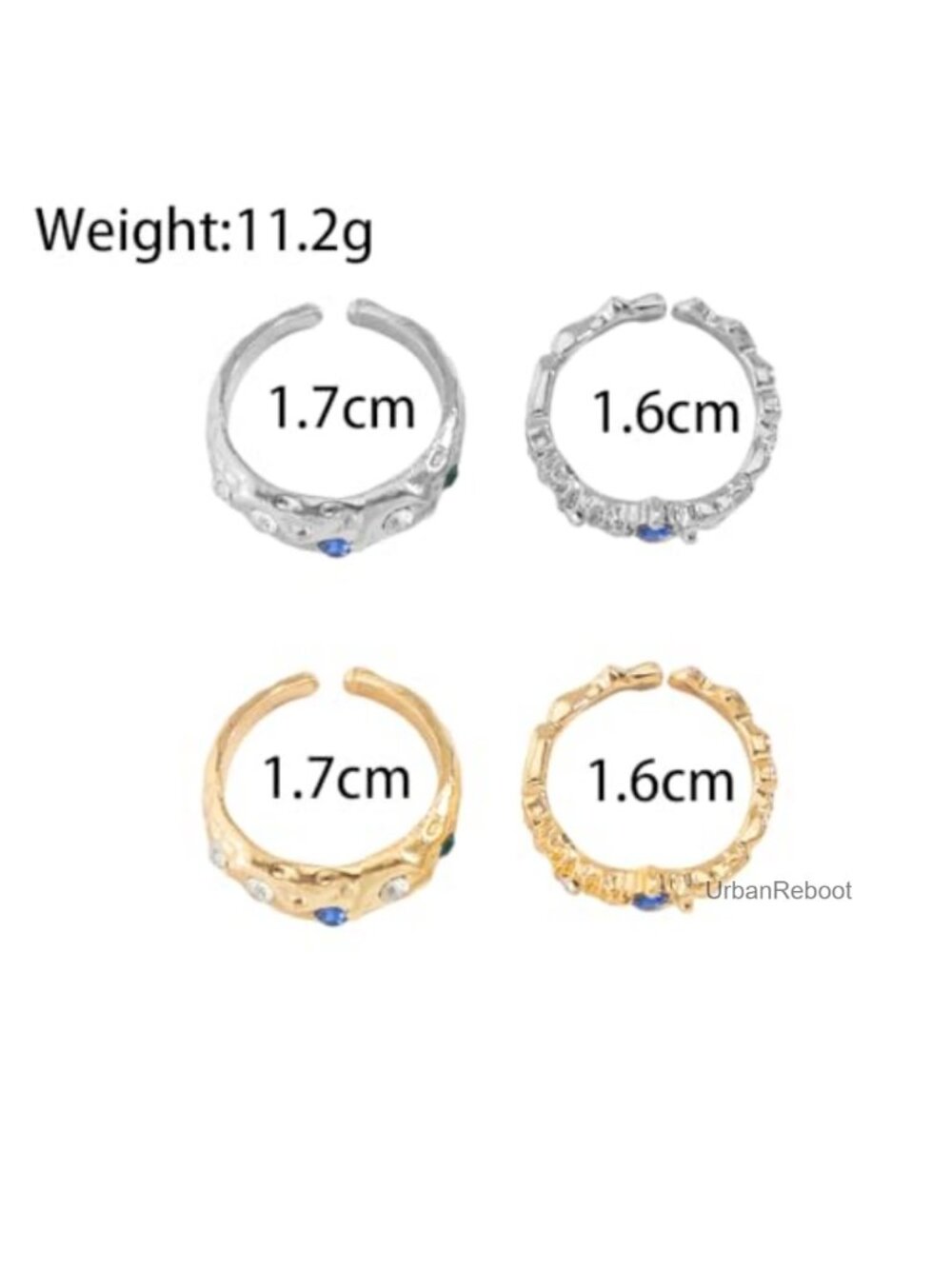 Chunky Stackable Hammered Open Ring Set Adjustable Statement Rings - Picture 2 of 6